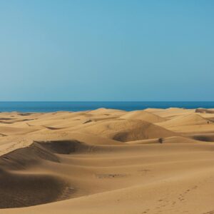 A stunning view of vast sand dunes extending toward the ocean under a clear blue sky.